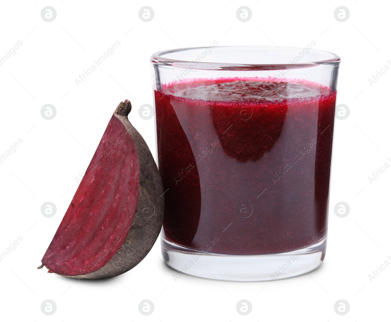 Photo of Tasty beetroot smoothie in glass and piece of fresh vegetable isolated on white. Vegan drink