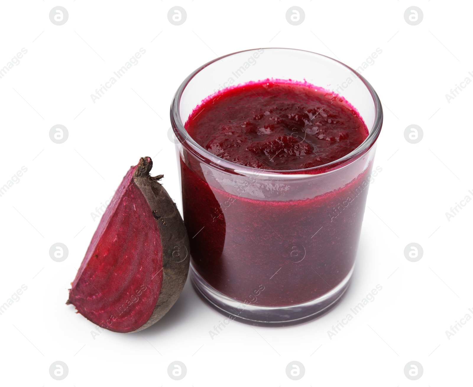 Photo of Tasty beetroot smoothie in glass and piece of fresh vegetable isolated on white. Vegan drink