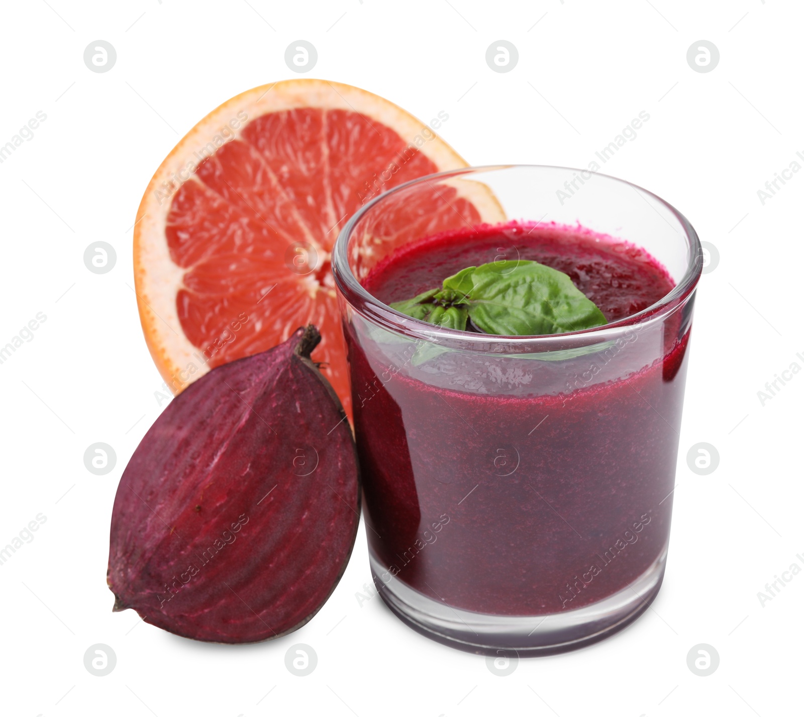 Photo of Tasty beetroot smoothie with basil in glass, fresh vegetable and grapefruit isolated on white. Vegan drink