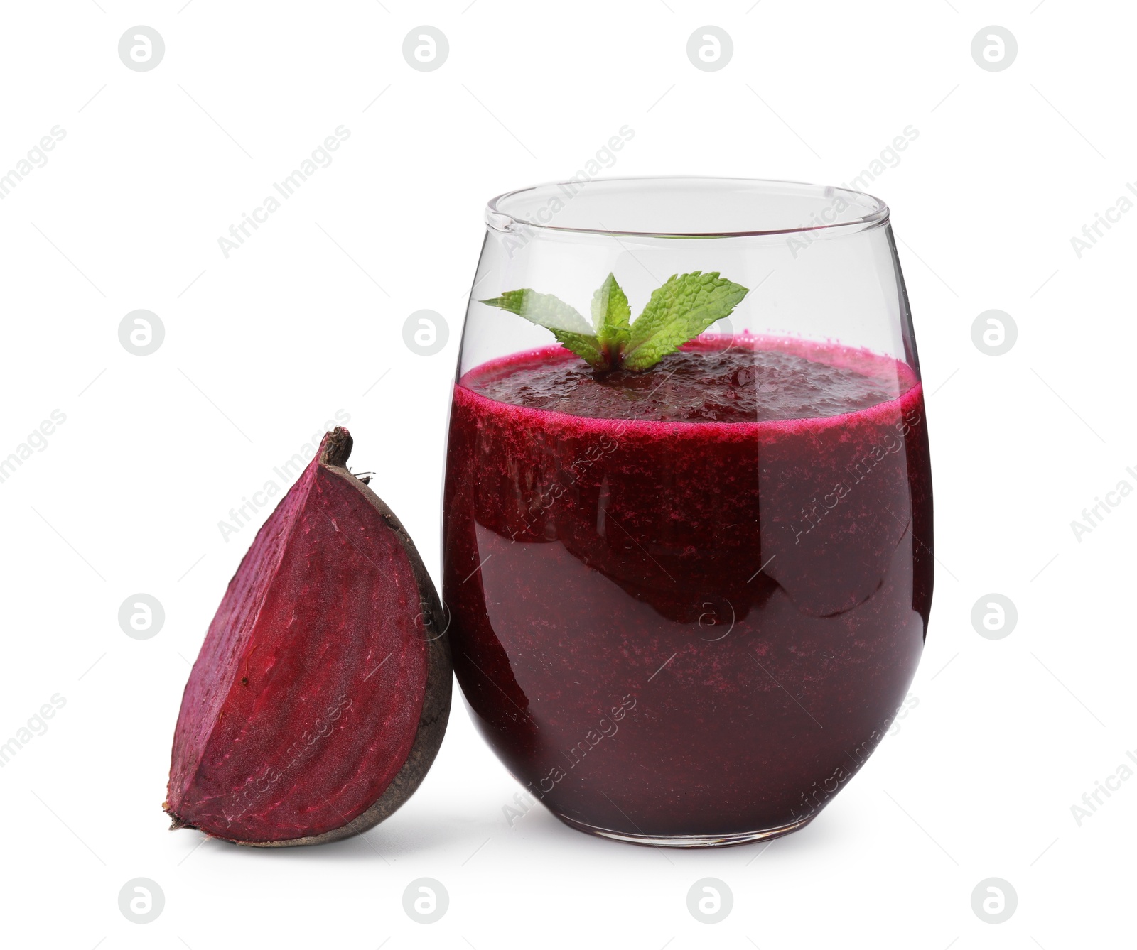 Photo of Tasty beetroot smoothie with mint in glass and piece of fresh vegetable isolated on white. Vegan drink