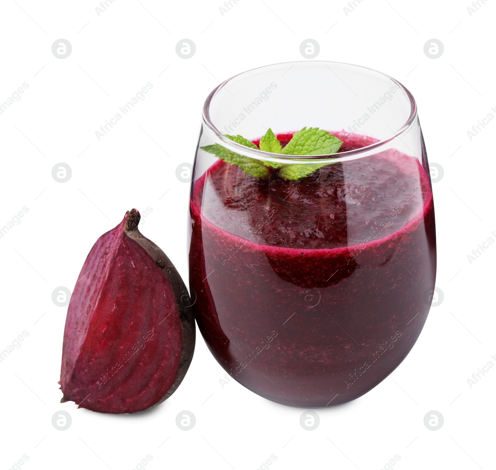 Photo of Tasty beetroot smoothie with mint in glass and piece of fresh vegetable isolated on white. Vegan drink