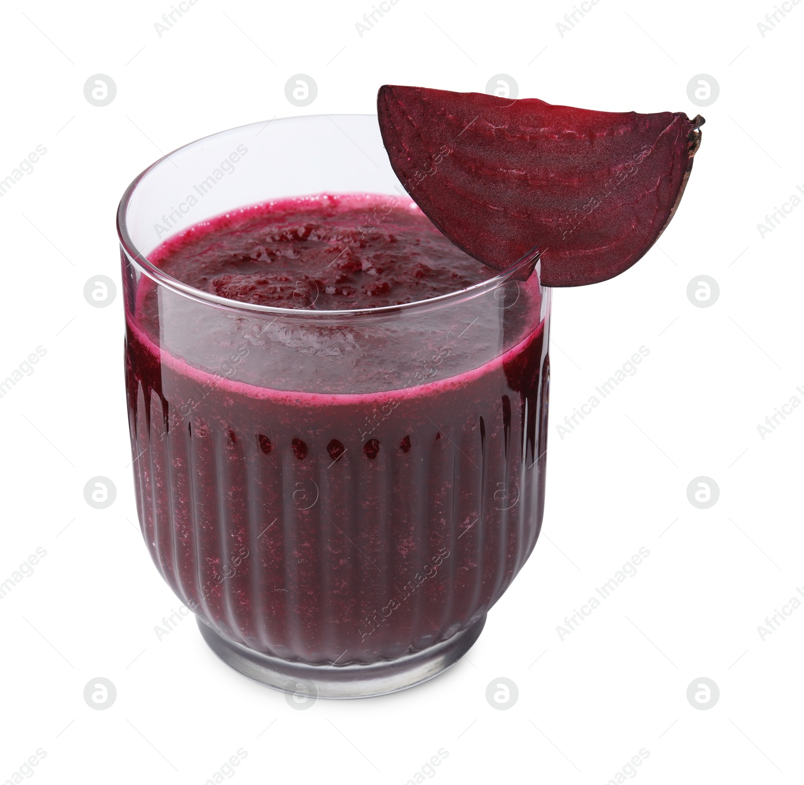 Photo of Tasty beetroot smoothie in glass and piece of fresh vegetable isolated on white. Vegan drink