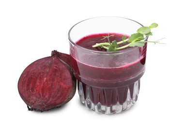 Photo of Tasty beetroot smoothie with microgreens in glass and fresh vegetables isolated on white. Vegan drink