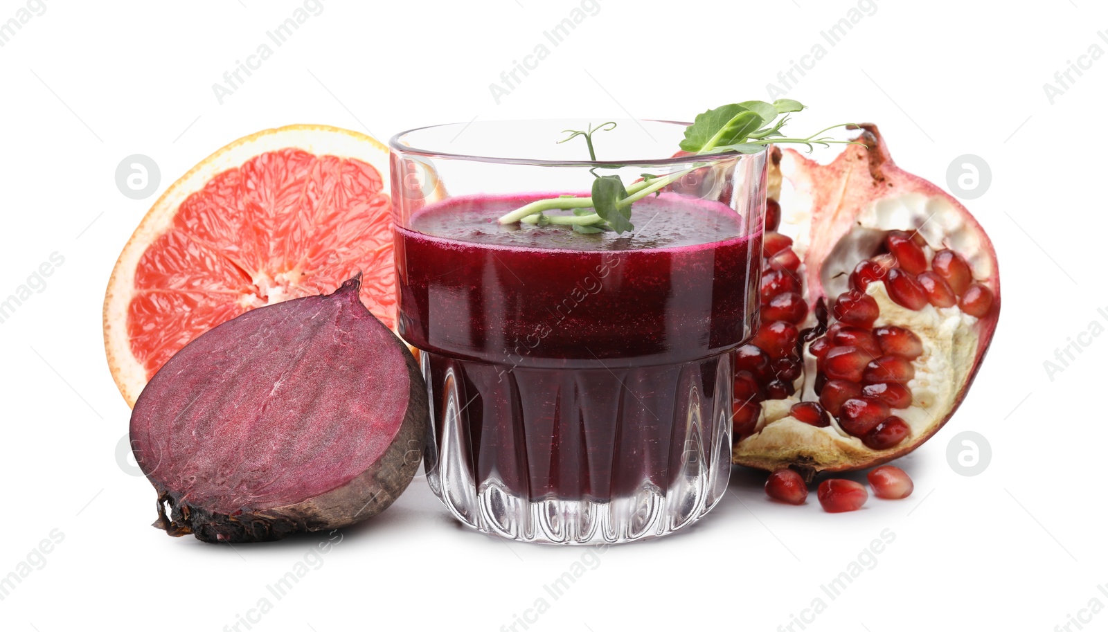 Photo of Tasty beetroot smoothie with microgreens in glass, fresh vegetable and fruits isolated on white. Vegan drink