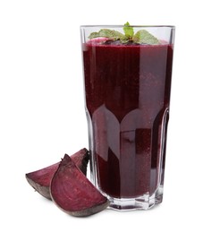 Photo of Fresh beetroot smoothie and mint in glass isolated on white