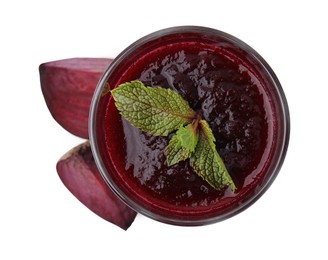 Photo of Fresh beetroot smoothie and mint in glass isolated on white, top view