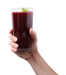 Woman holding glass of fresh beetroot smoothie isolated on white, closeup