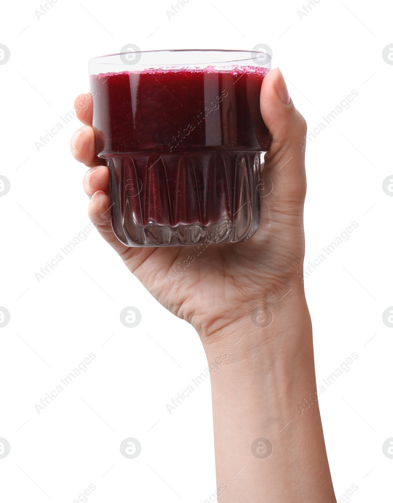 Photo of Woman holding glass of fresh beetroot smoothie isolated on white, closeup