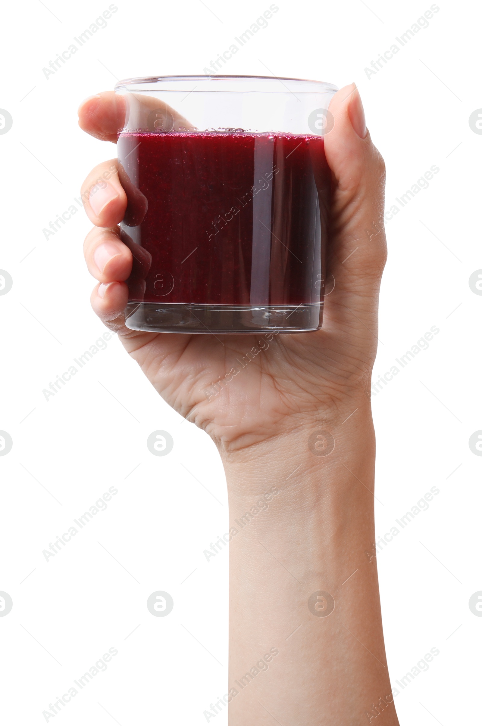 Photo of Woman holding glass of fresh beetroot smoothie isolated on white, closeup