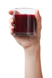 Photo of Woman holding glass of fresh beetroot smoothie isolated on white, closeup