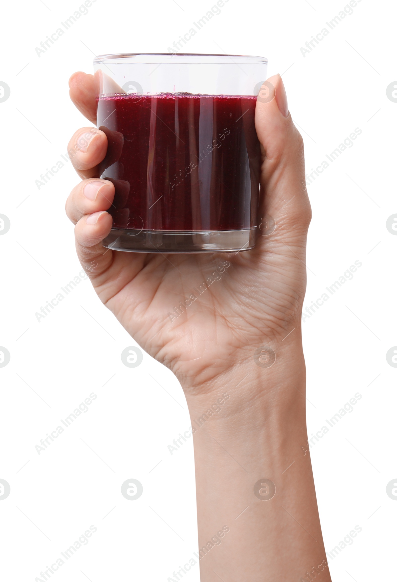 Photo of Woman holding glass of fresh beetroot smoothie isolated on white, closeup