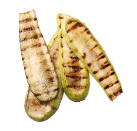 Photo of Tasty grilled zucchini slices isolated on white, top view