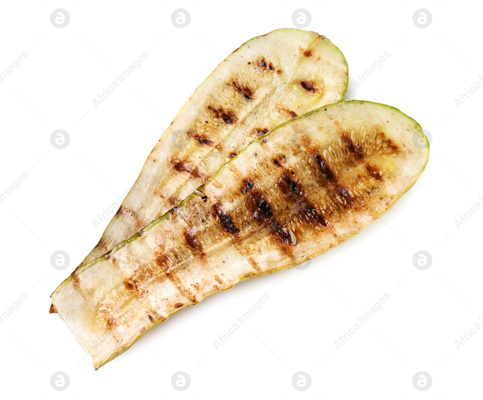 Photo of Two tasty grilled zucchini slices isolated on white