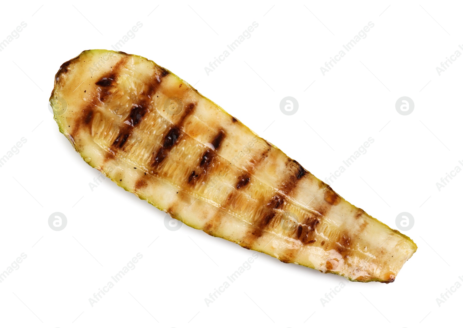 Photo of One tasty grilled zucchini slice isolated on white, top view