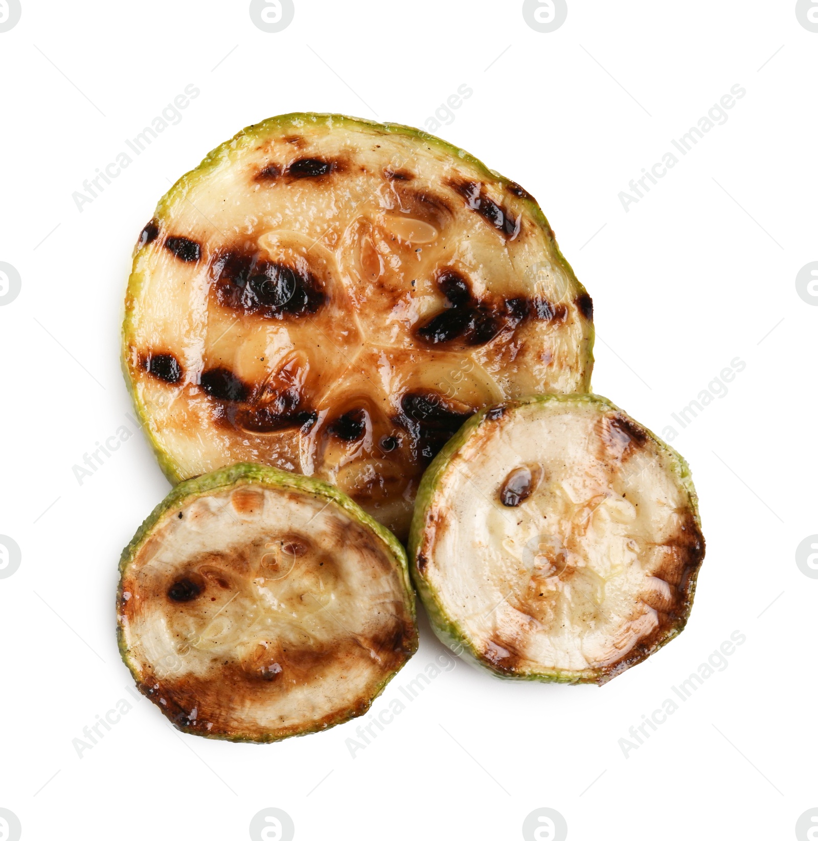 Photo of Tasty grilled zucchini slices isolated on white, top view