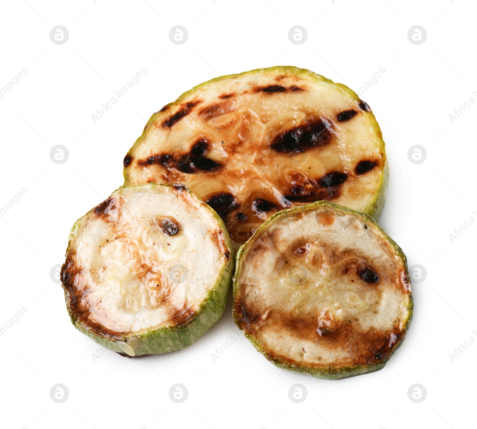 Photo of Tasty grilled zucchini slices isolated on white