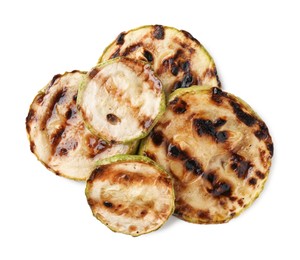 Photo of Tasty grilled zucchini slices isolated on white, top view