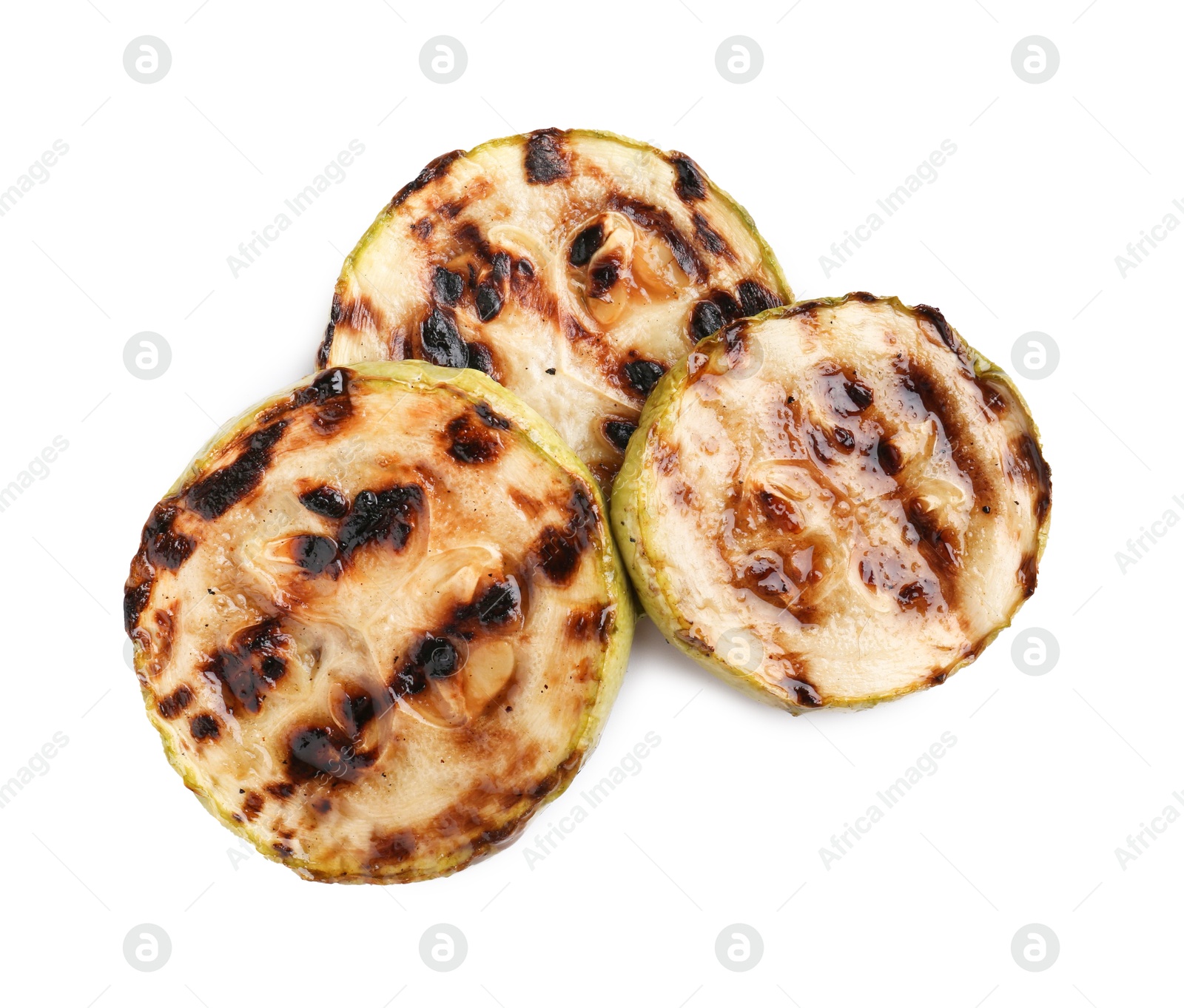 Photo of Tasty grilled zucchini slices isolated on white, top view