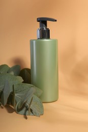 Photo of Shampoo in bottle and green eucalyptus leaves on pale orange background