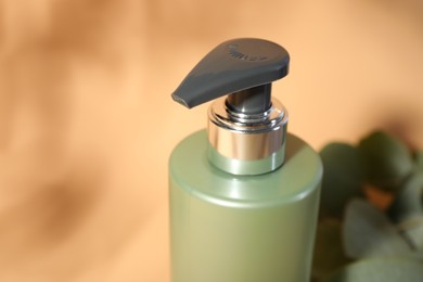 Shampoo in bottle on pale orange background, closeup