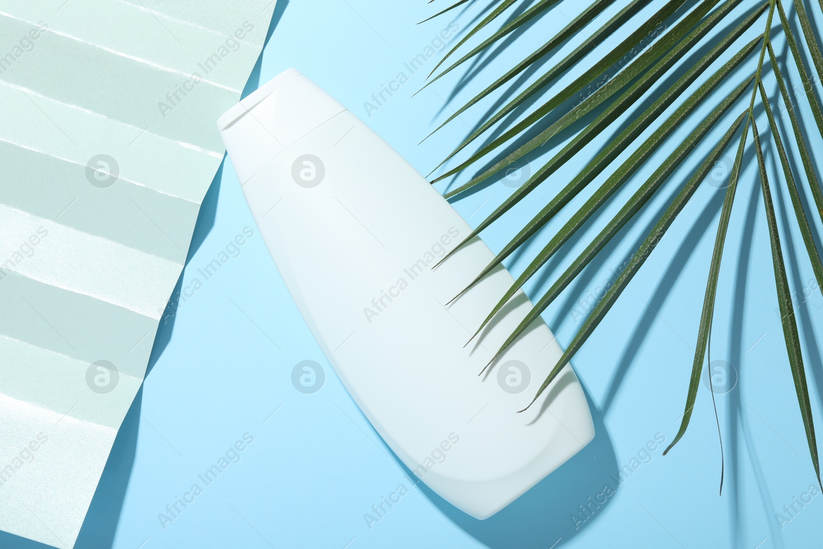 Photo of Shampoo in bottle and palm leaf on light blue background, top view