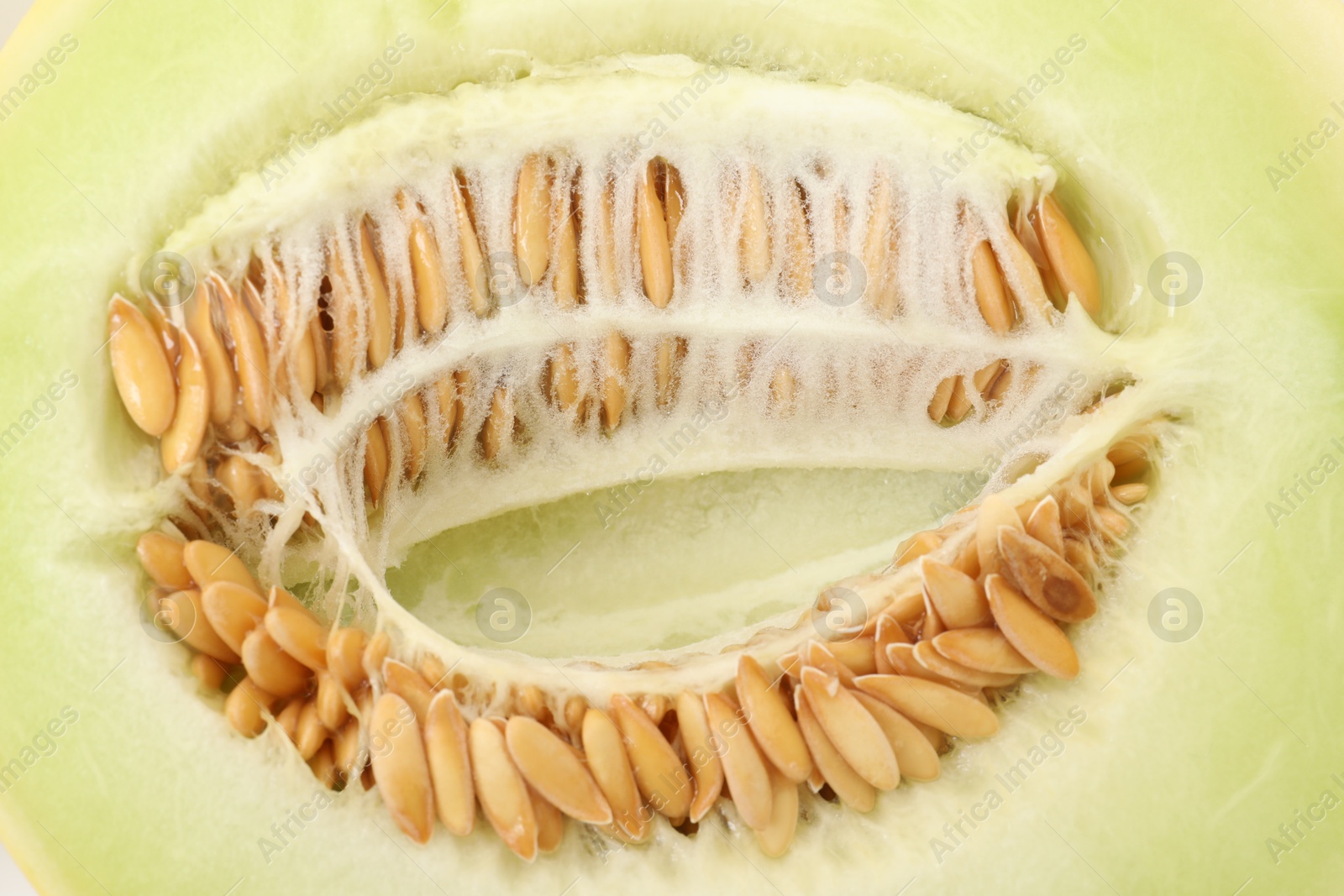 Photo of Cut fresh ripe honeydew melon as background, closeup