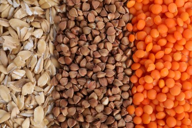 Photo of Different grains and cereals as background, top view