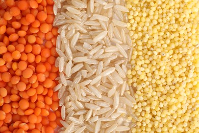 Different grains and cereals as background, top view