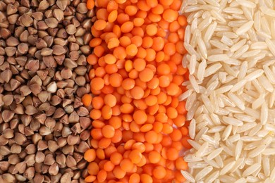 Photo of Different grains and cereals as background, top view