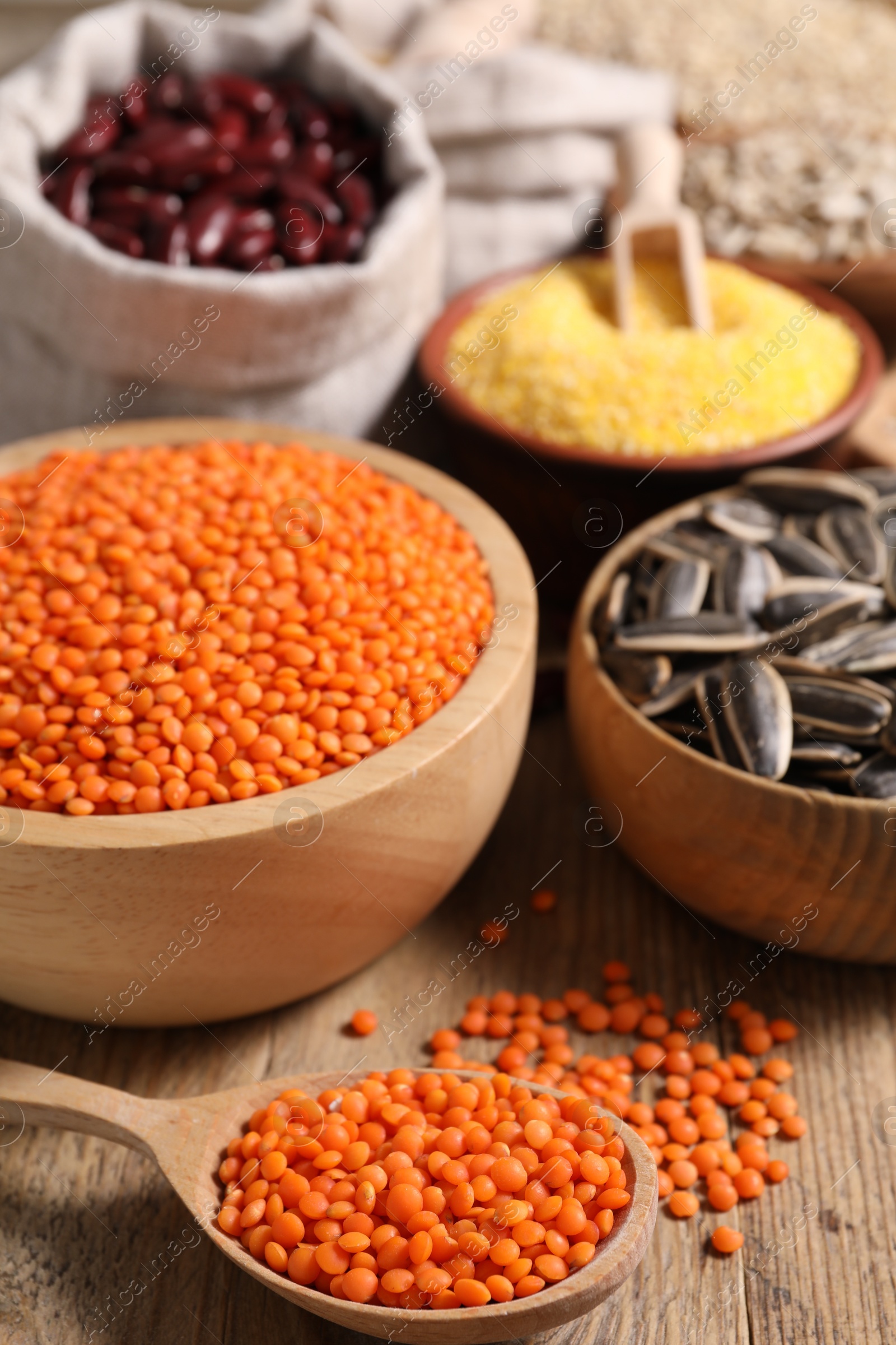 Photo of Different types of seeds and legumes on table, closeup