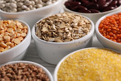 Different types of cereals and legumes in bowls on white table, closeup