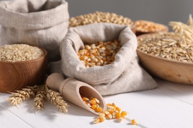 Photo of Different types of cereals and legumes on white wooden table