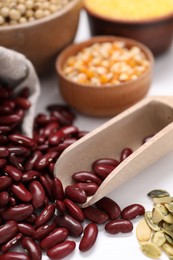 Photo of Different seeds and legumes on grey table, closeup