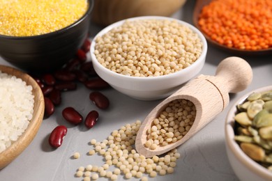 Photo of Different seeds and cereals on grey table, closeup