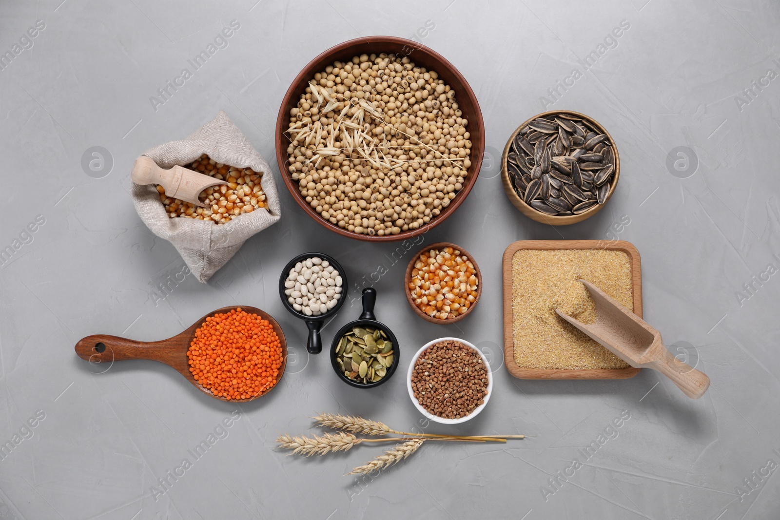 Photo of Different types of cereals, seeds and legumes on grey textured table, flat lay