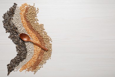 Different types of cereals, seeds and legumes with spoon on white wooden table, flat lay. Space for text