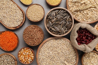 Photo of Different types of cereals, seeds and legumes on grey table, flat lay