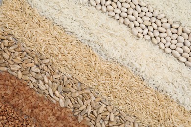 Photo of Different types of cereals, legumes and seeds on table, flat lay