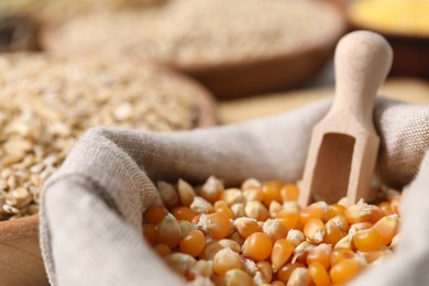 Photo of Dry corn kernels in sack with scoop, closeup