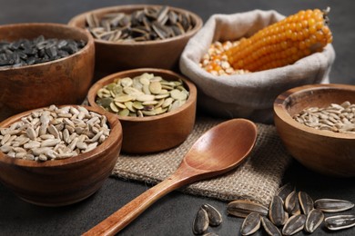 Photo of Different types of seeds and legumes on grey table