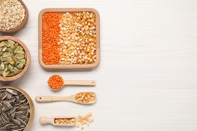 Photo of Different types of cereals, seeds and legumes on white wooden table, flat lay. Space for text