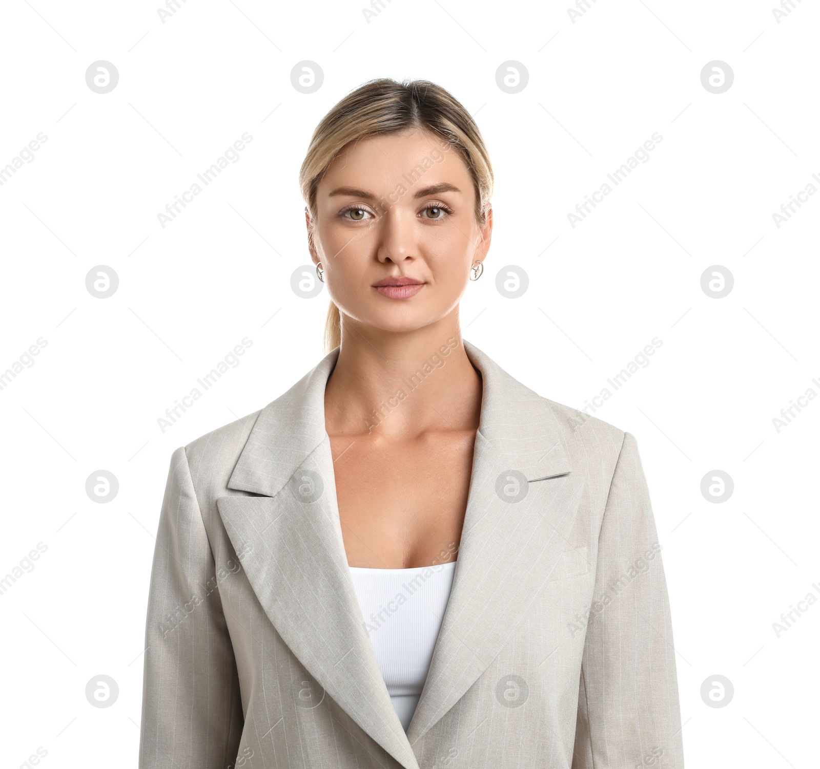 Photo of Beautiful woman in stylish suit on white background