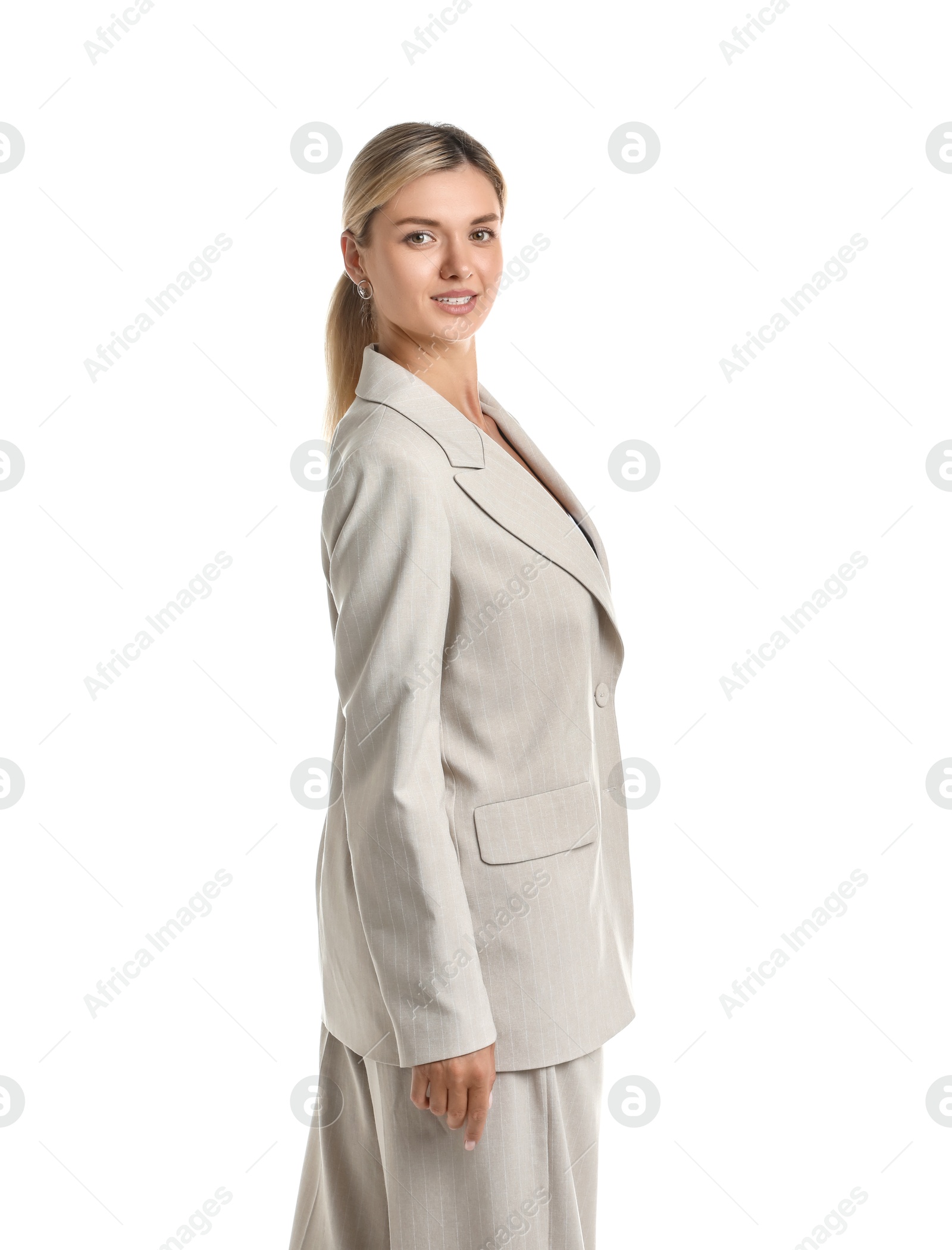 Photo of Beautiful woman in stylish suit on white background