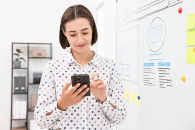 Photo of Developing UI design. Woman drawing website wireframe on whiteboard indoors