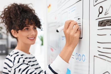 Developing UI design. Woman drawing website wireframe on whiteboard indoors, selective focus