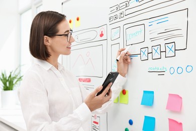 Developing UI design. Woman drawing website wireframe on whiteboard indoors