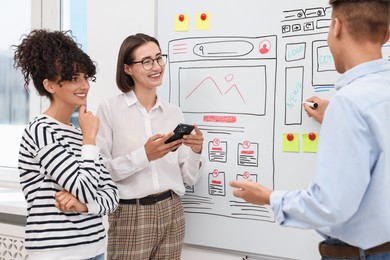 Photo of Developing UI design. People drawing website wireframe on whiteboard indoors