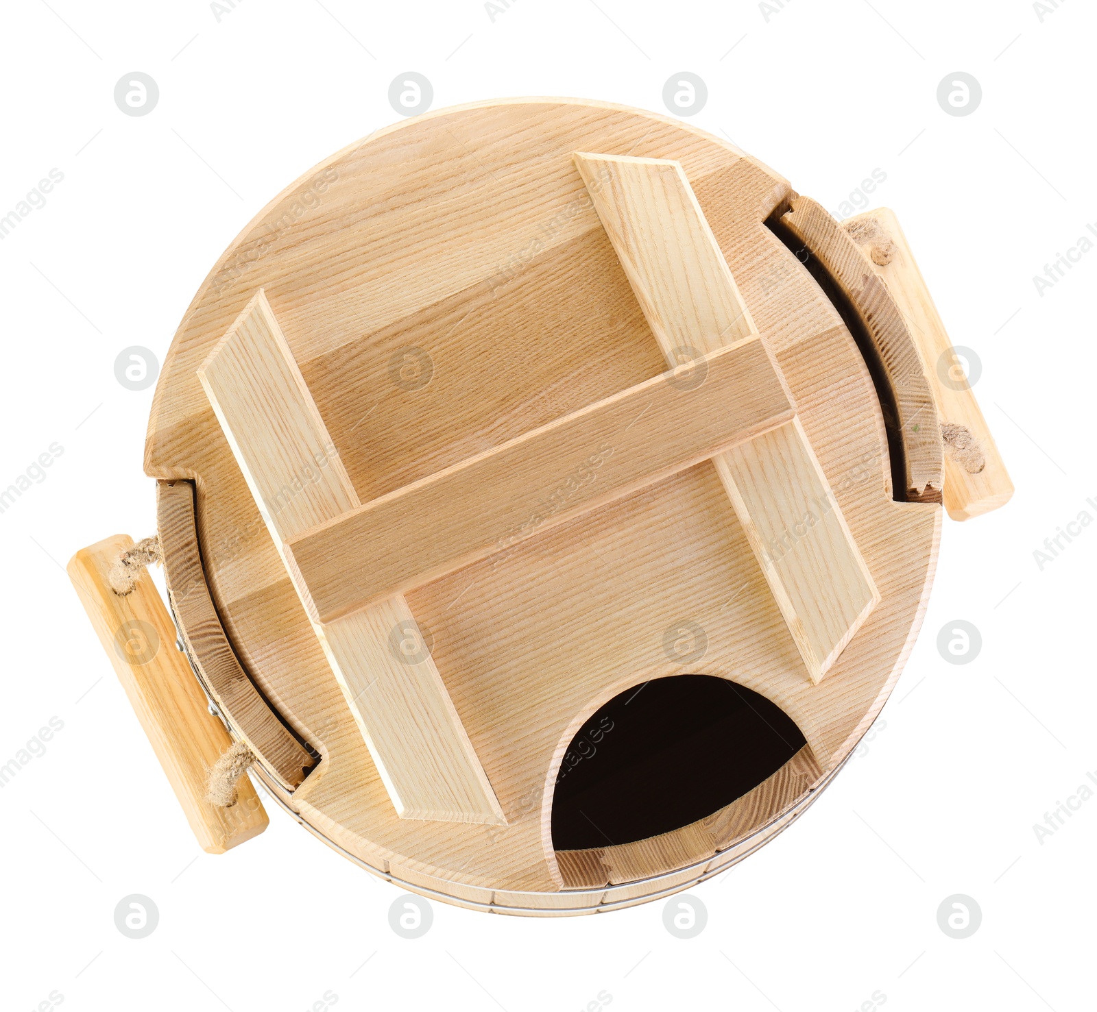 Photo of One wooden bucket isolated on white, top view. Sauna equipment