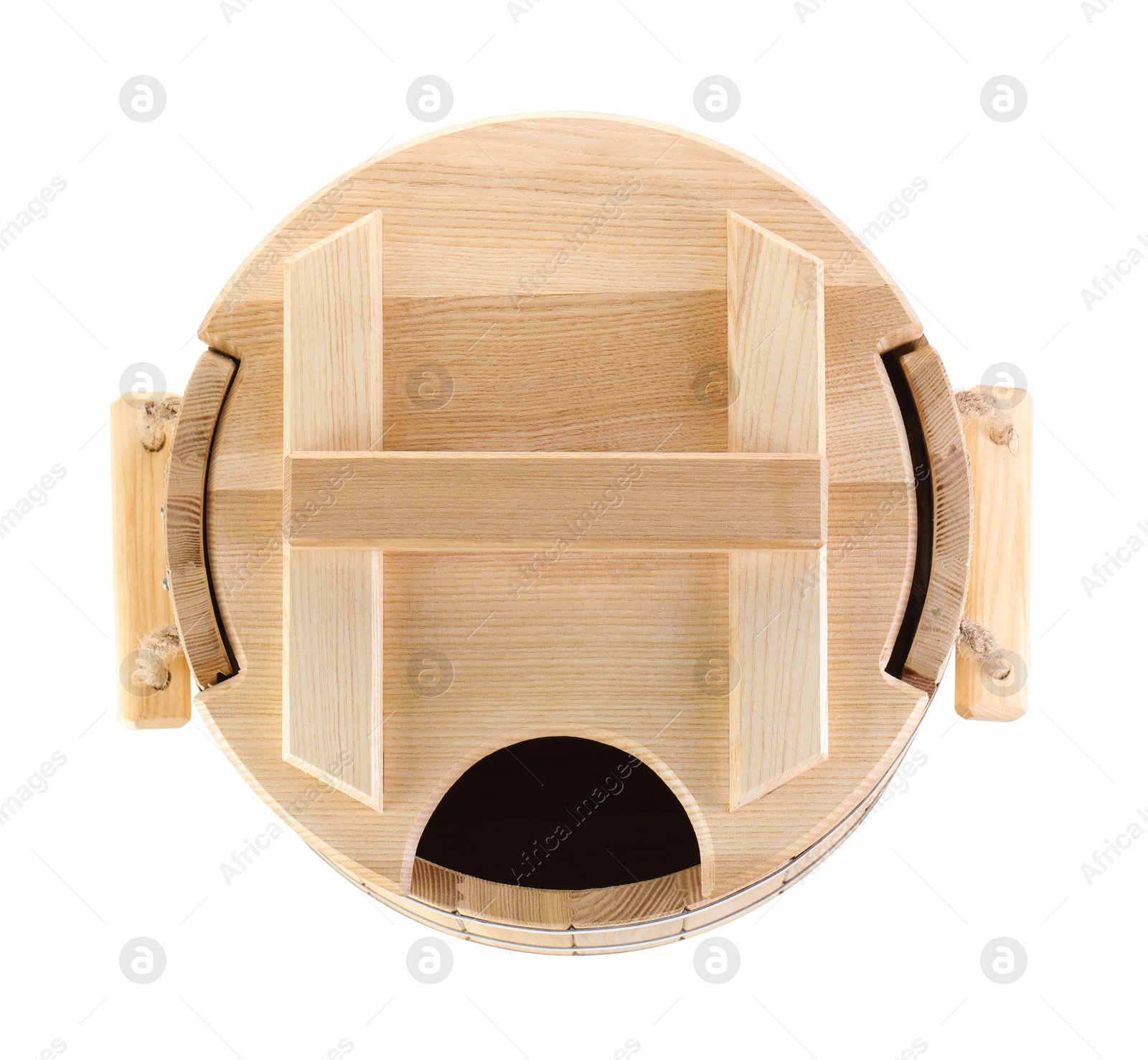 Photo of One wooden bucket isolated on white, top view. Sauna equipment