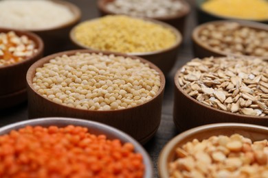 Photo of Different types of cereals and legumes in bowls on table, closeup